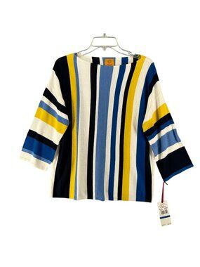 Ruby Rd. Womens PXL Cabana Club Striped Knit Top Yellow/Blue/White 3/4 Sleeve